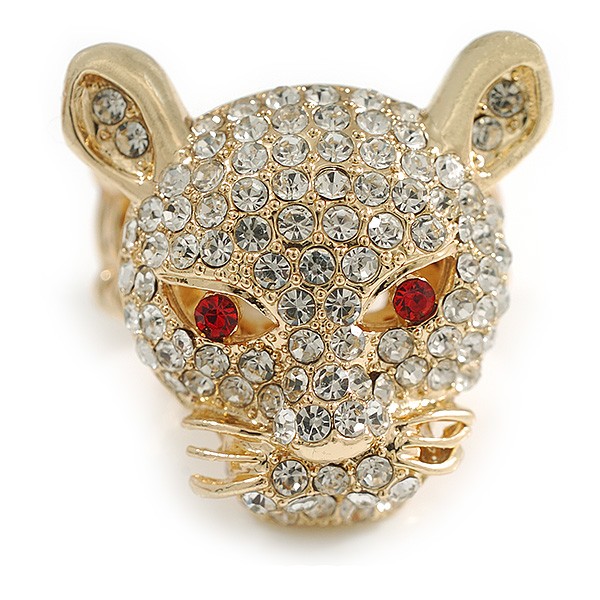 Clear Crystal Leopard Stretch Ring In Gold Plating – 30mm Long – 7/8 Size
