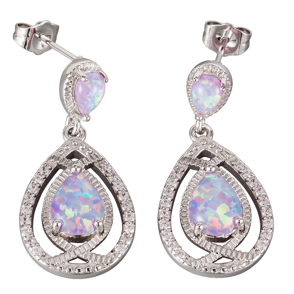 7×9 4×6 Pear Lavender Purple Fire Opal Cabochon Silver Drop Pierced Earrings
