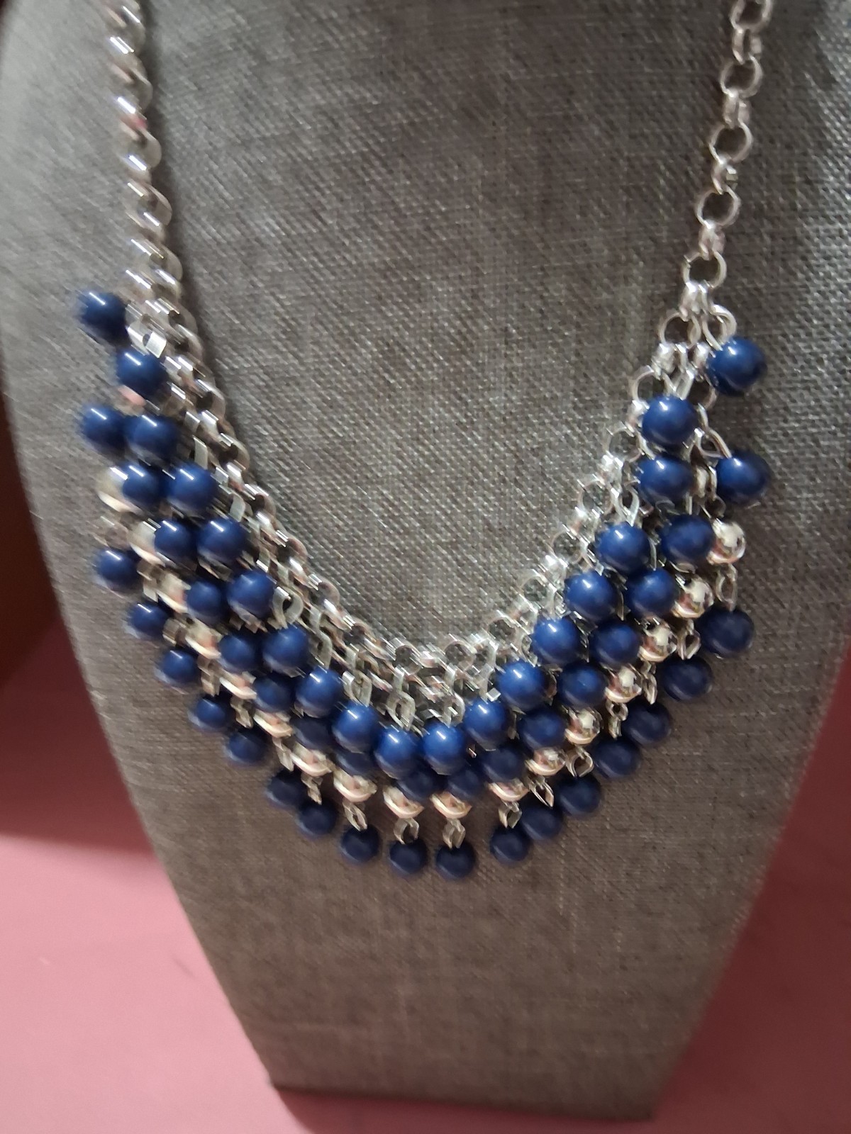 Silver Tone Cable Chain Statement Necklace Blue Round Beaded Fringe