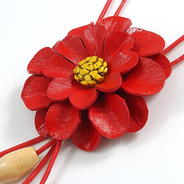 Red Leather Daisy Pendant with Long Cotton Cord – 80cm L/ 18cm L Pendant –