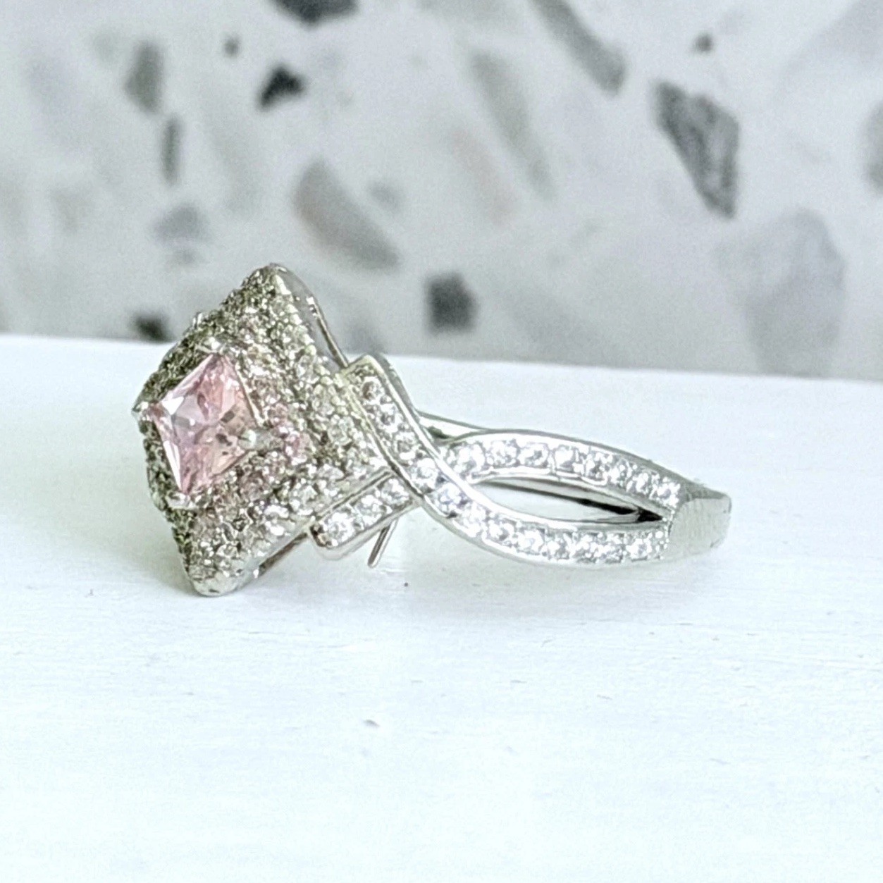 14k Gold & 925 Sterling White & Pink Simulated Sapphire Halo Women’s Ring