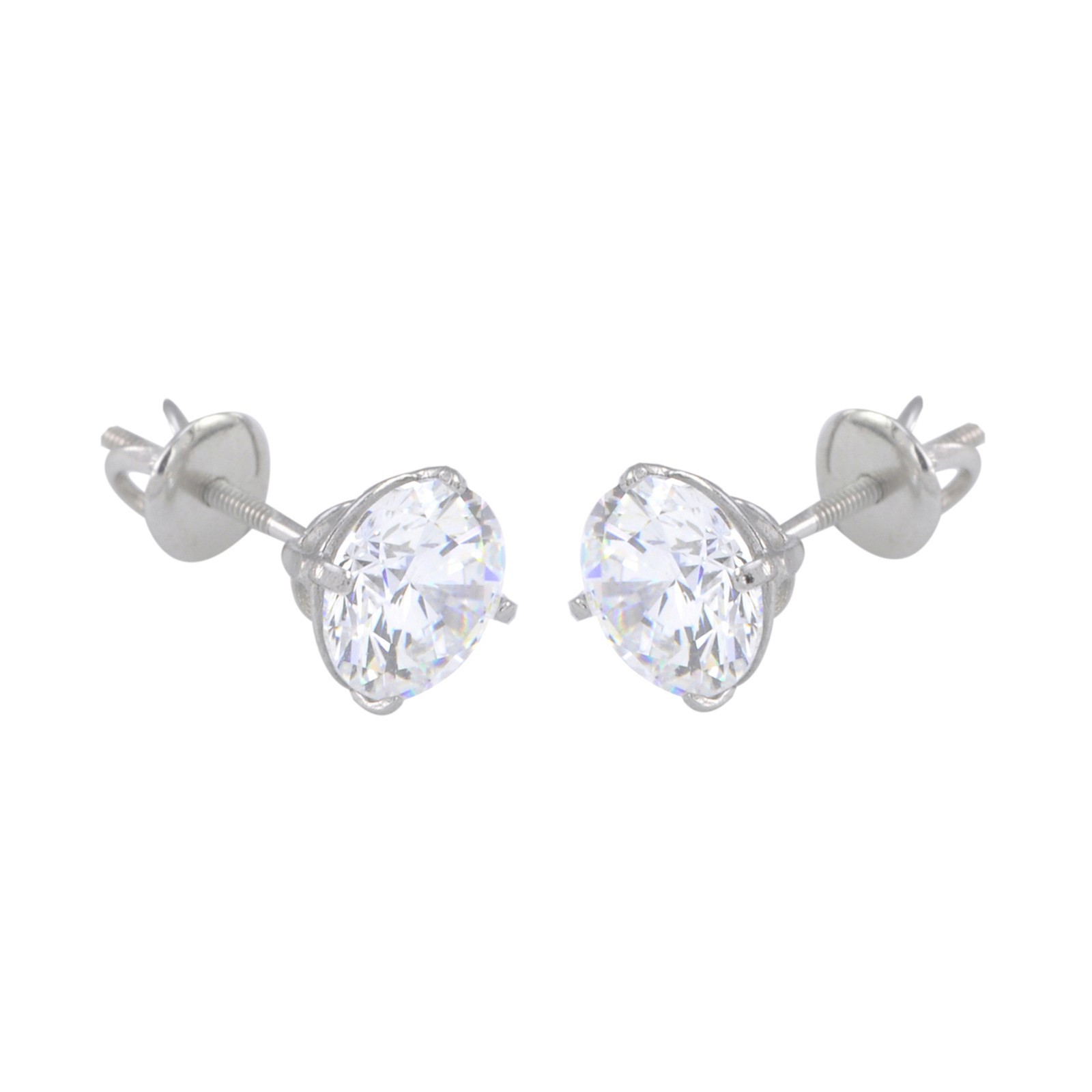 Sterling Silver Round Cubic Zircon Earrings Screwback Basket Setting