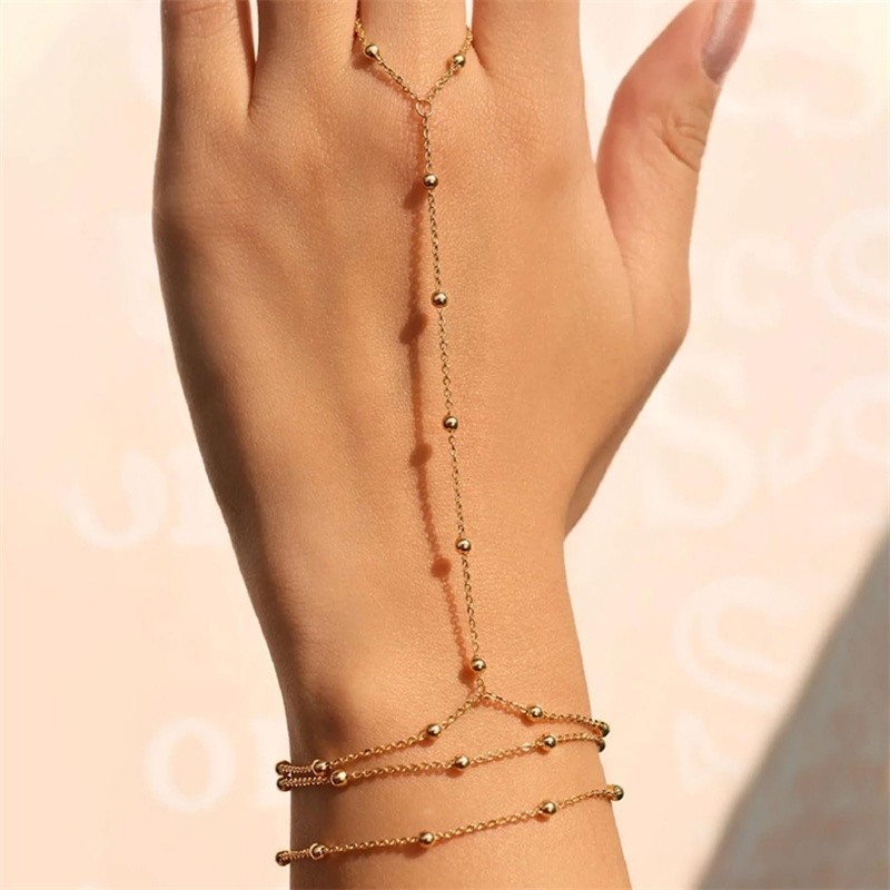 Gold Tone Hand Chain Bracelet Ring Link Chain Boho Fashion Jewelry for Women