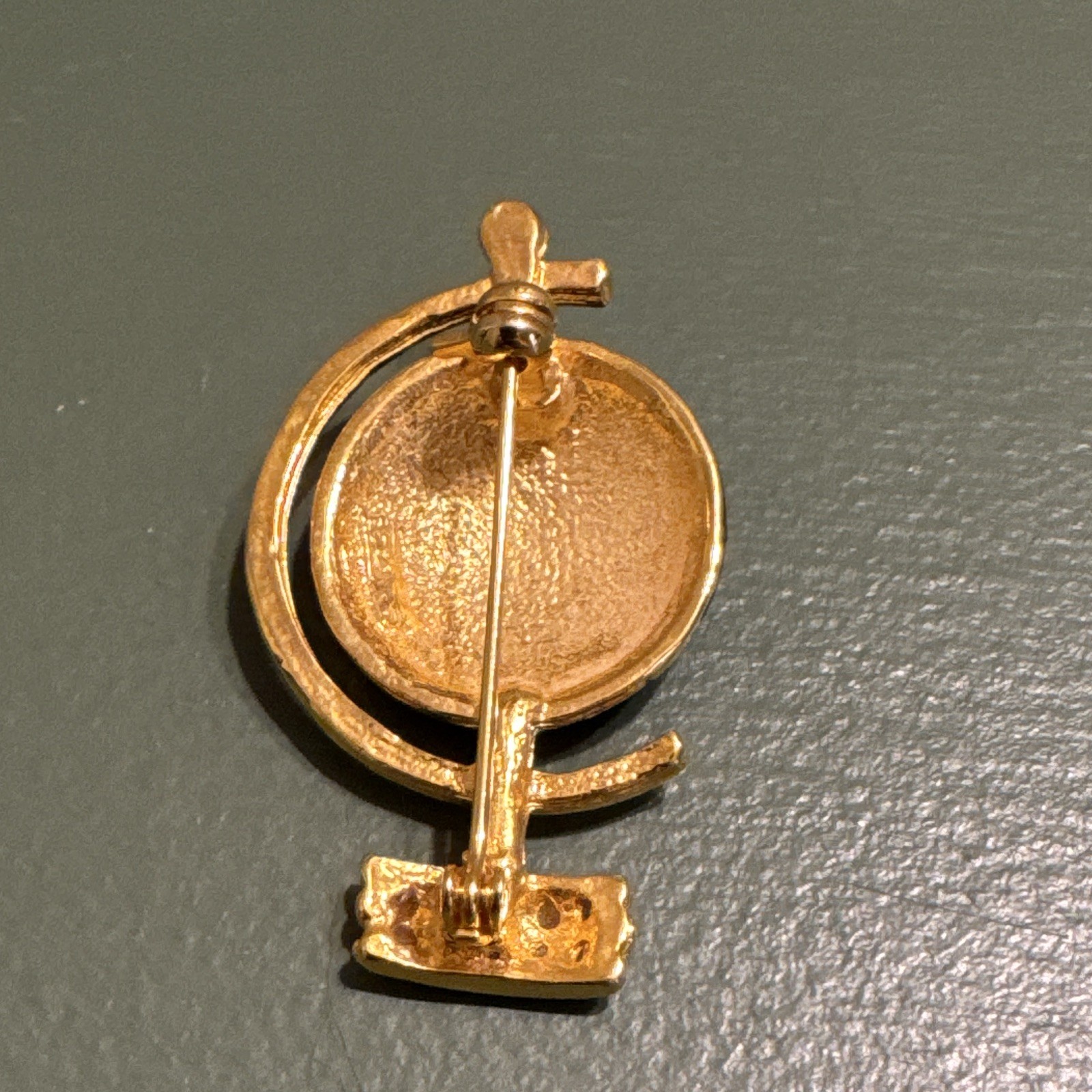 Gold Tone Blue Enamel Globe Brooch Pin Clear Round Rhinestones Travel Theme