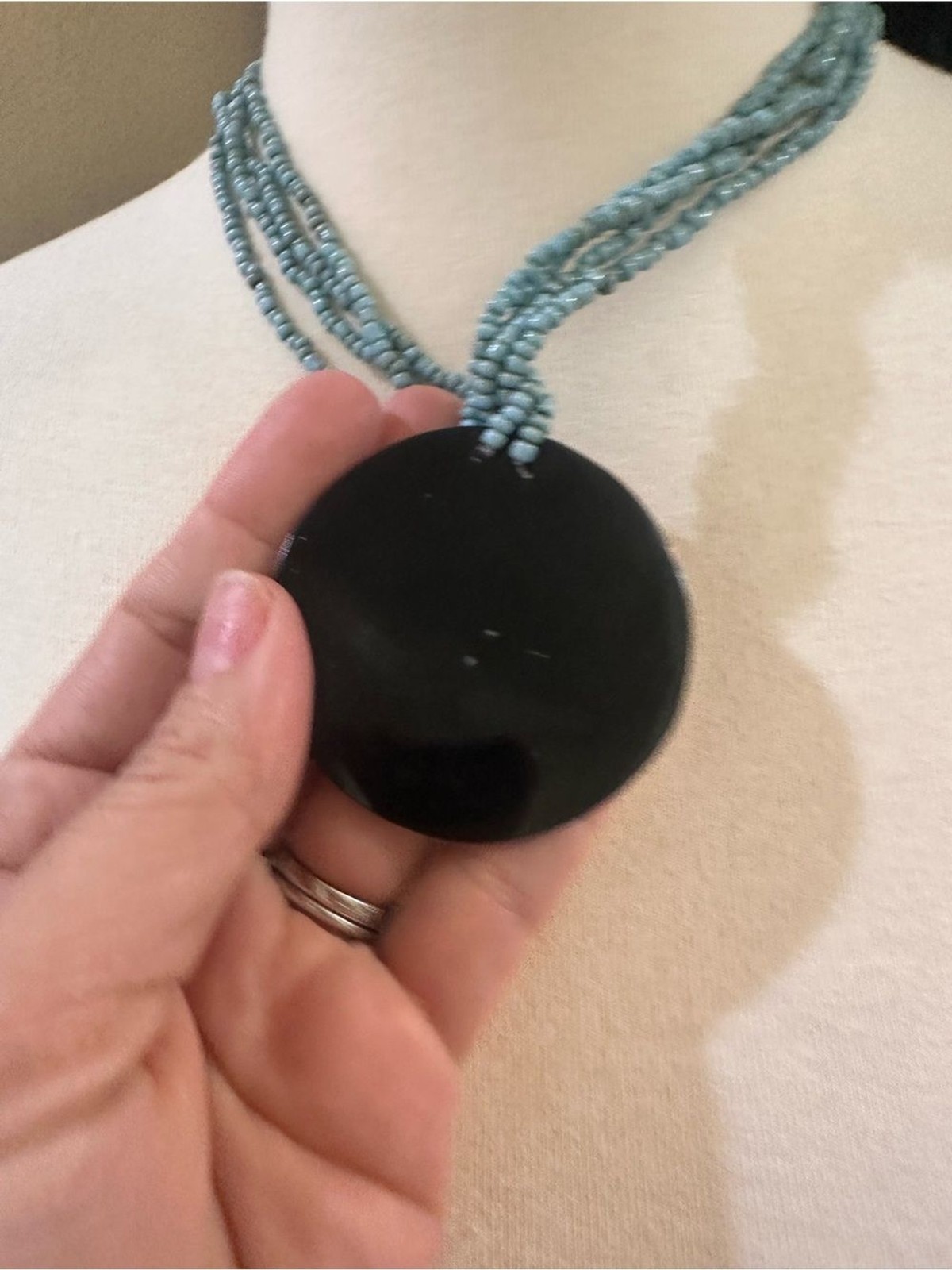 Source Unknown Blue Beaded Necklace with Iridescent Abalone Mosaic Pendant