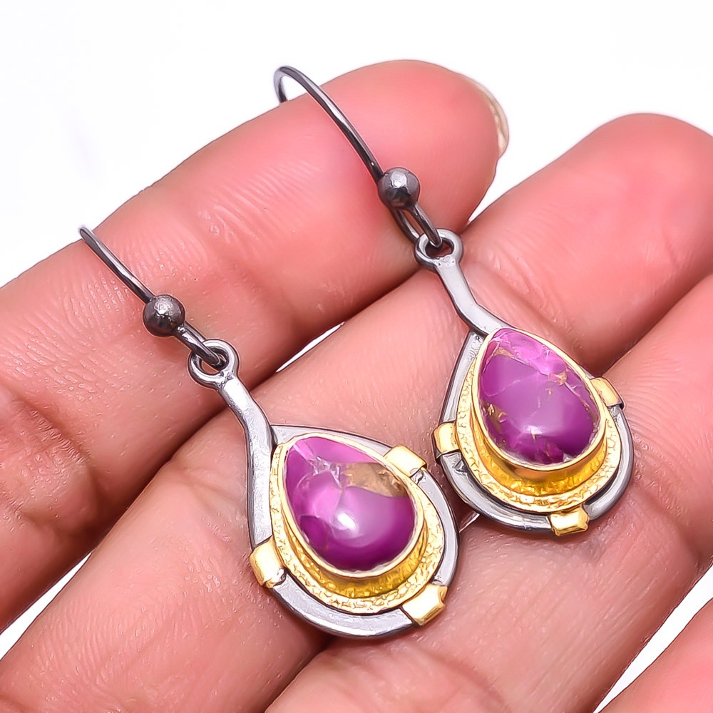 Copper Purple Turquoise 925 Silver Black & Gold Rhodium Plated Earring 1.76″ E20