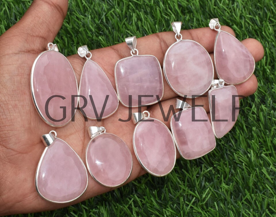 1-1000 Pcs Rose Quartz Bezel Pendant Lot Bulk: Silver Plated Necklace WH-8