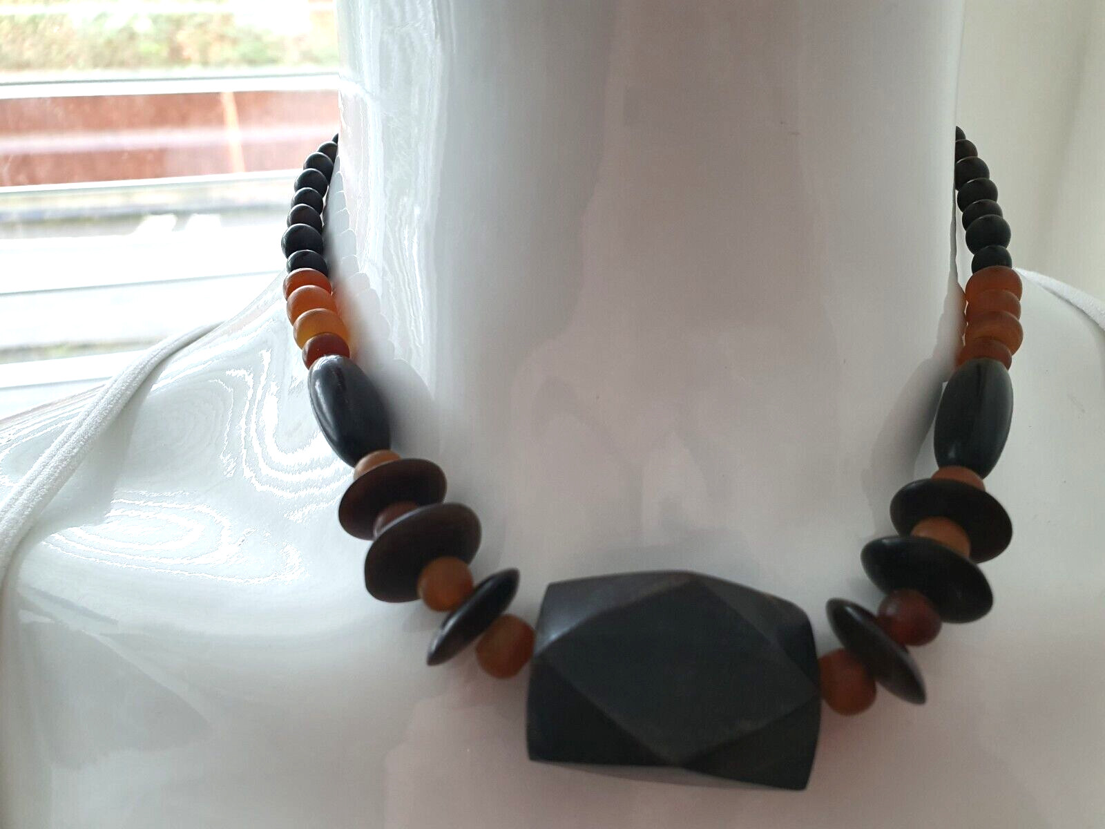 Vintage Artisan Black Orange Chunky Acrylic Beaded Boho Festival Necklace