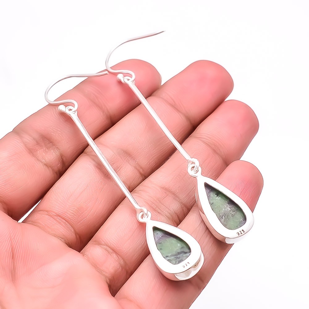 Natural Ruby With Zoisite – Tanzania 925 Sterling Silver Earring 3.00″ Sku14
