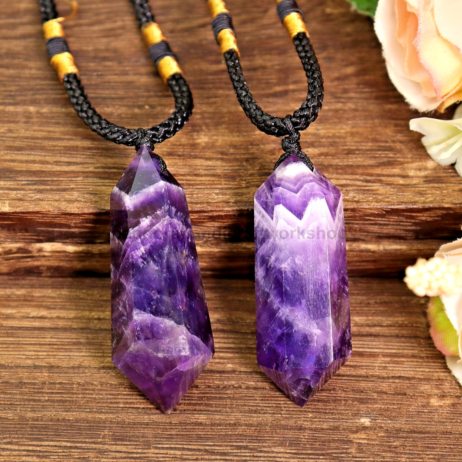 Chevron Amethyst Double Point Pendant Necklace Healing Protection Crystal Gifts