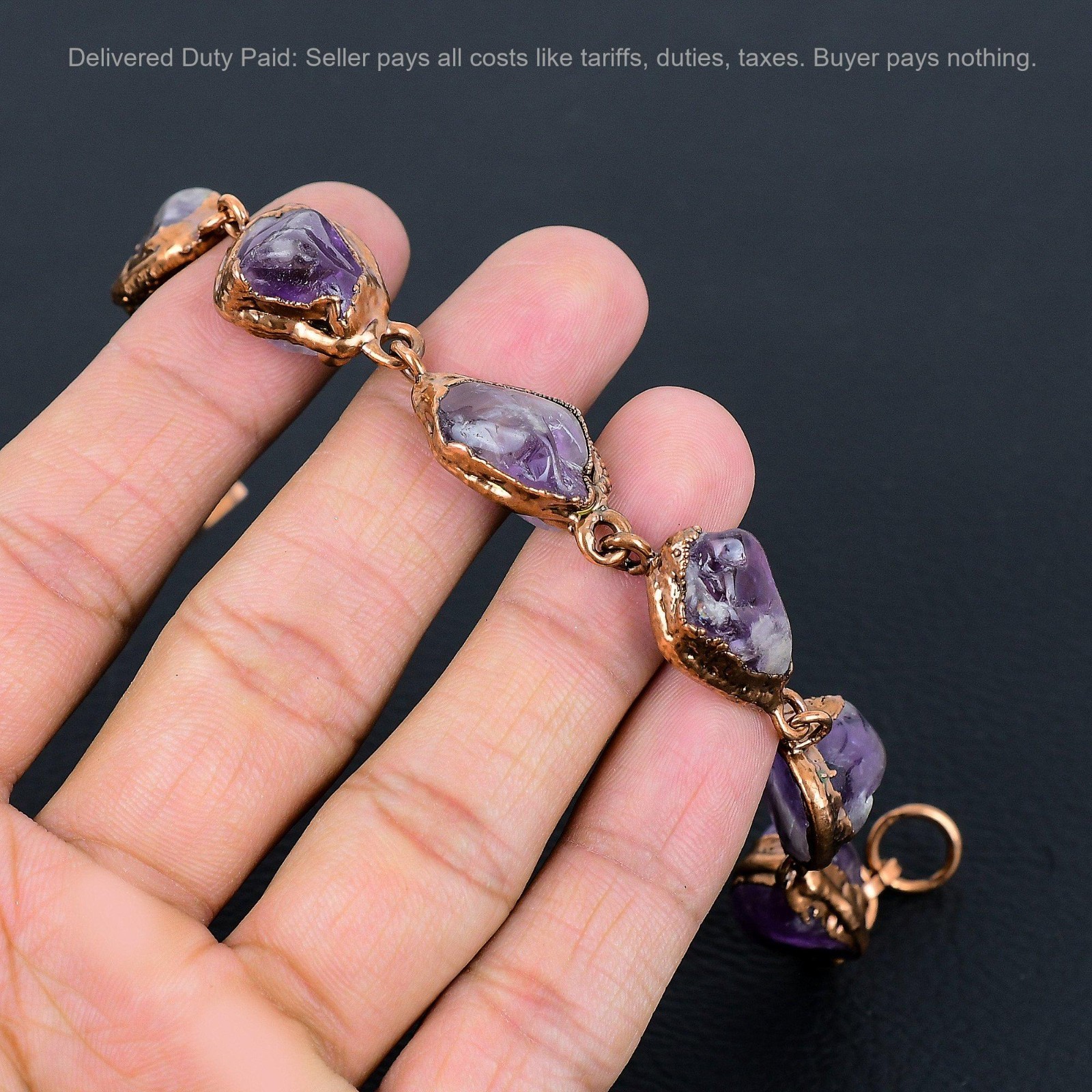 Copper Pentagon Super 23 Amethyst Gemstone Chain Electroformed Bracelet Jewelry