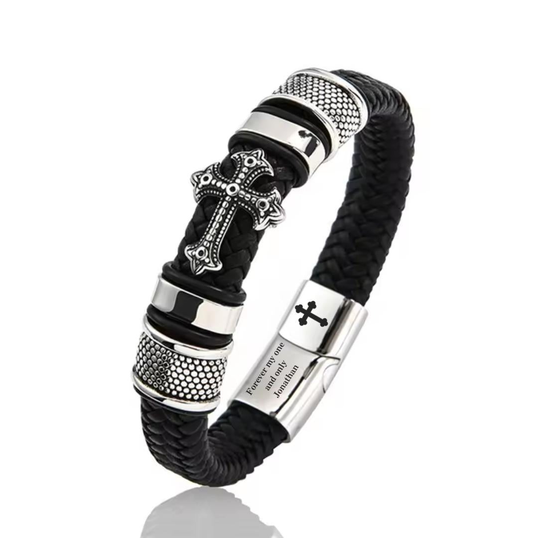 Men Women Stainless Steel Cross Black Braided Leather Bracelet Christian Bangle