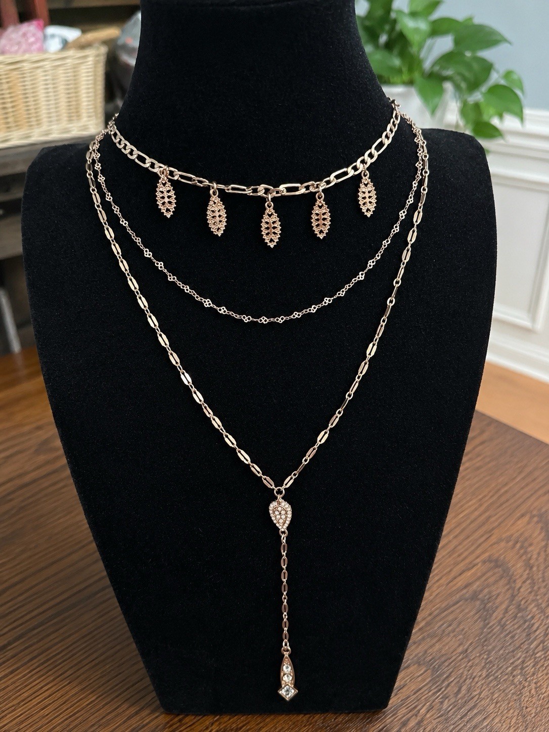 Rose Gold Tone Layered Y Necklace Leaf Charm Rhinestone Pendant Adjustable