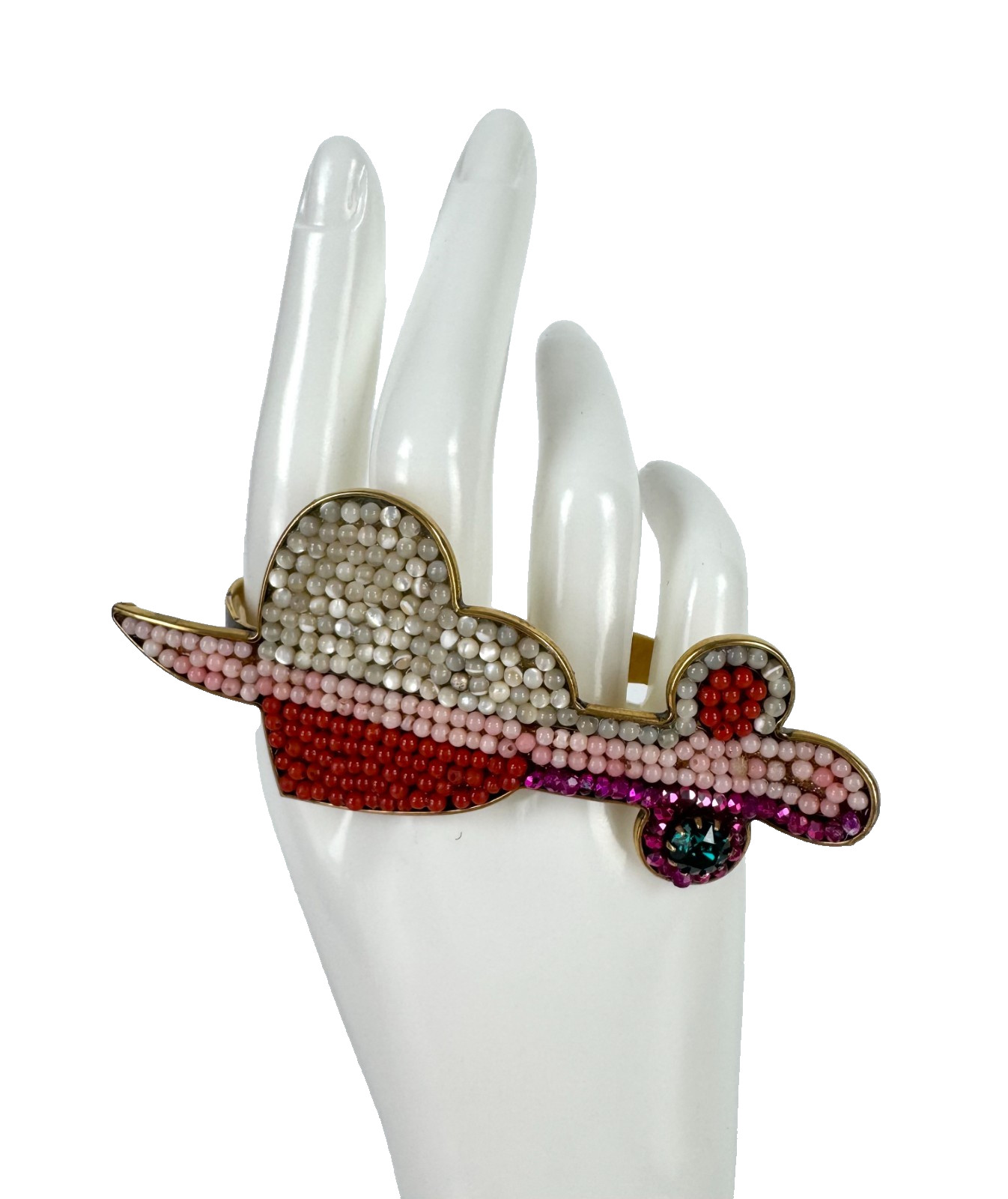 Gucci $435 New Auth Gold Tone White Red Pink Crystal Pierced Heart Palm Cuff
