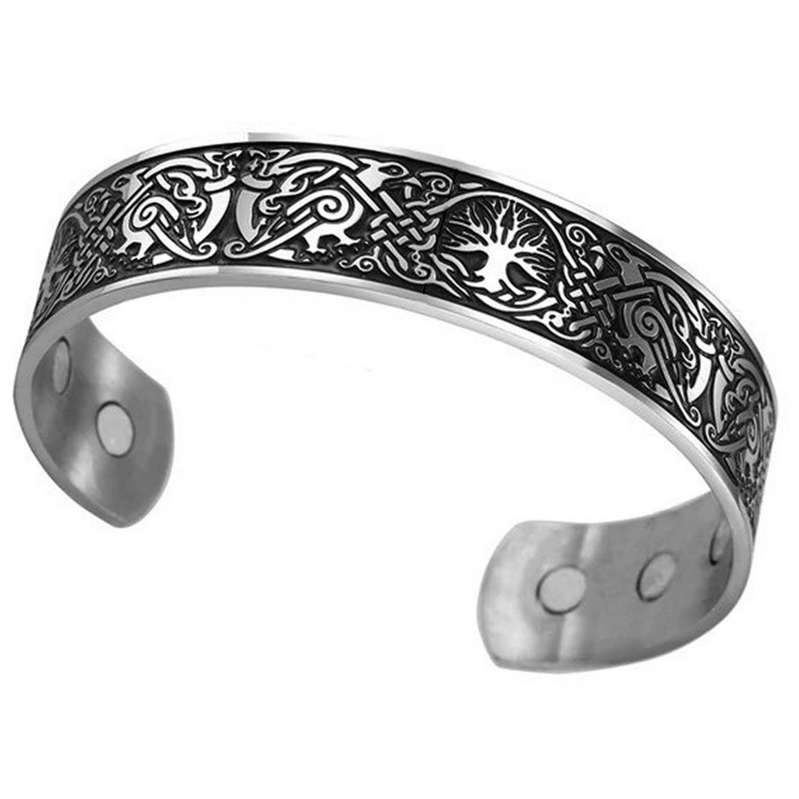 Norse Tree of Life Bracelet Silver Stainless Steel Viking Falcon Yggdrasil Cuff