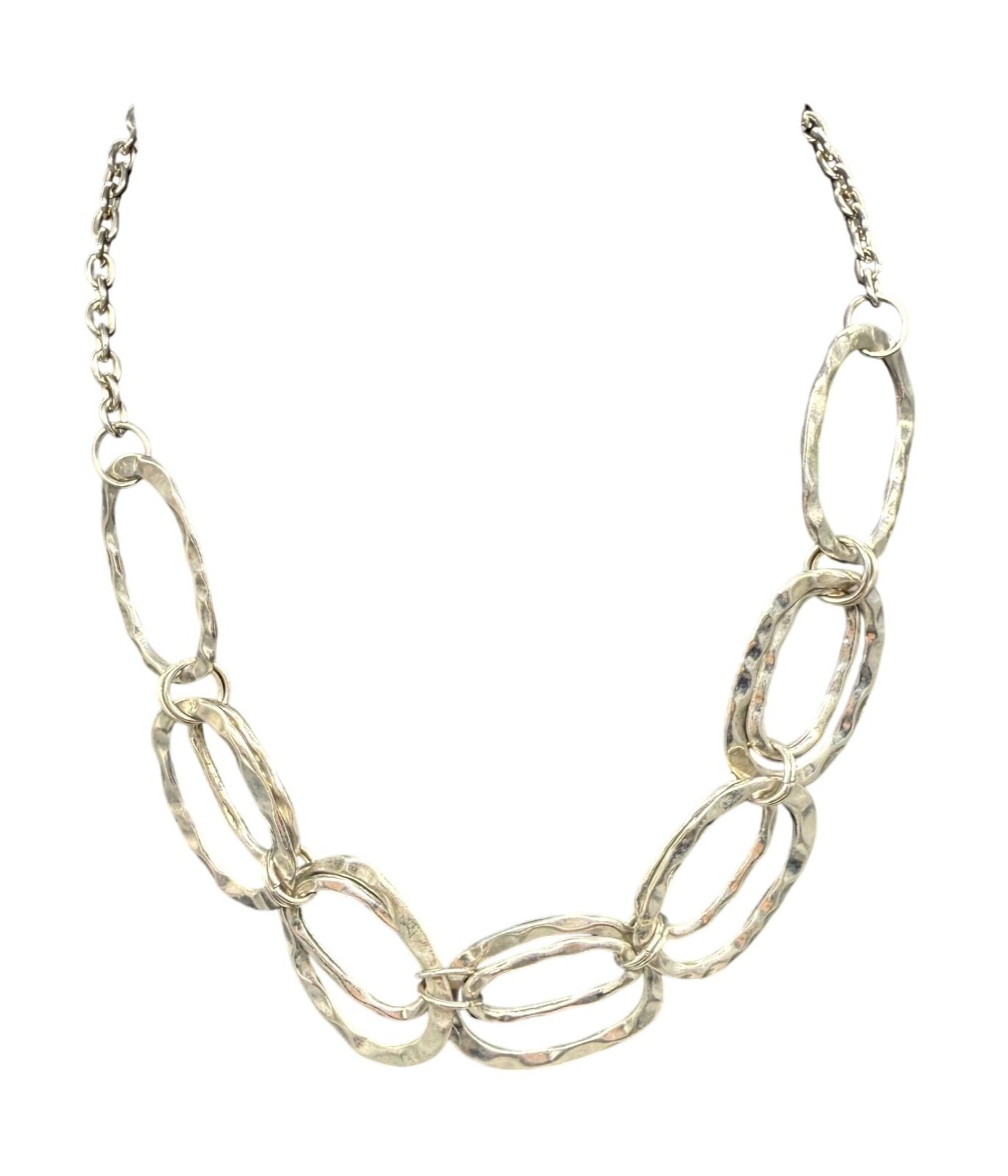 Hammered Oval Chain Necklace Silver Tone Classic Casual Formal Everyday
