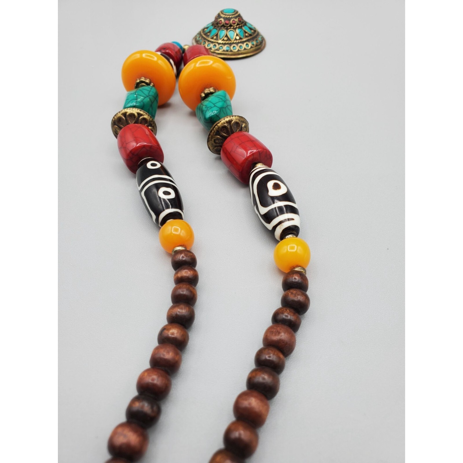 Multi color shape beaded Blue enamel dome statement pendant necklace 20″