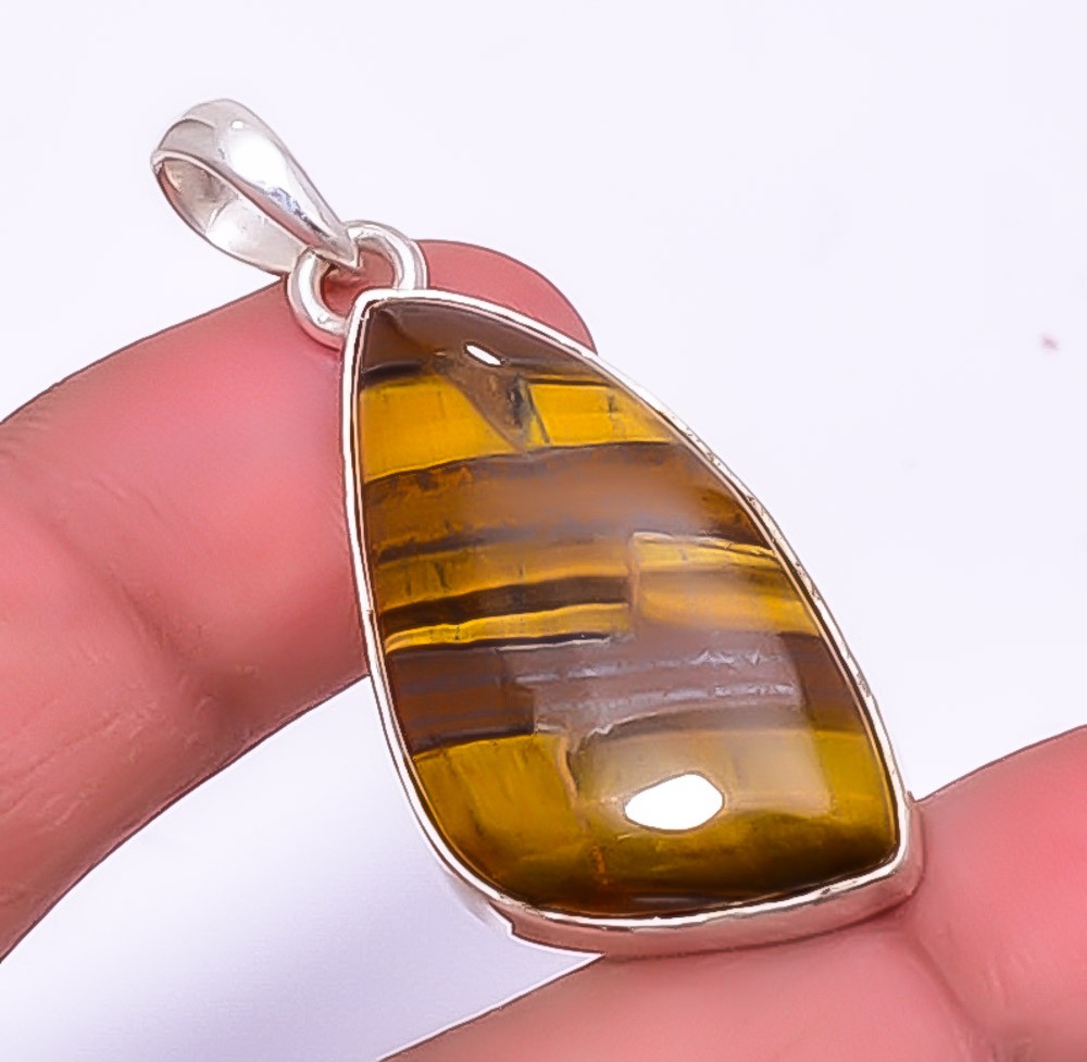 Yellow Tiger Eye – South Africa Gemstone 925 Silver Plated Pendant 1.79″ A347