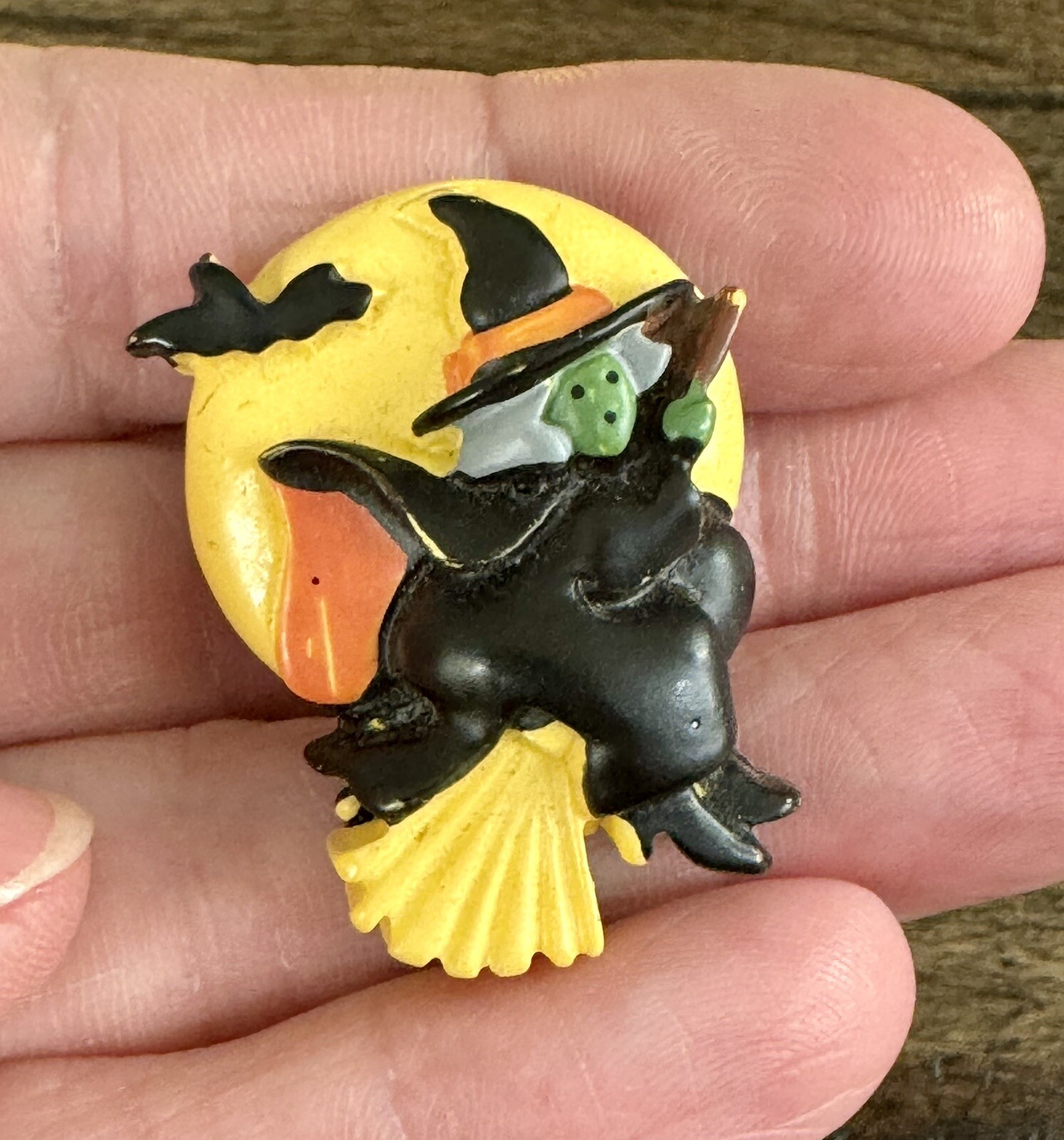 Vintage Lot Of 2 Halloween Pumpkin Ghost Witch Broom Pins Brooches Russ 1.5”