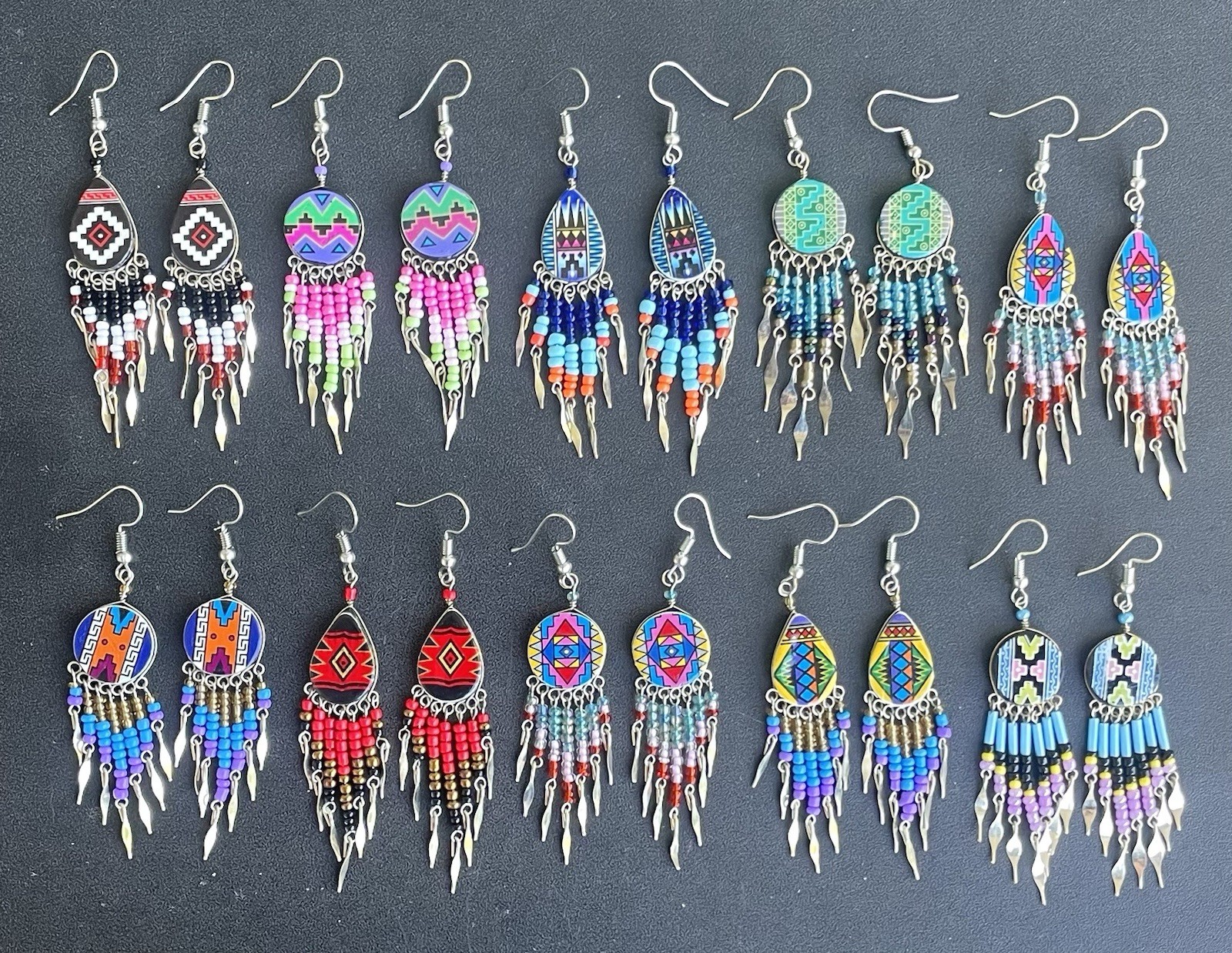 Peruvian 10 Handmade Long Ceramic Dangle Earrings Beads Ethnic Lot As Shown Boho