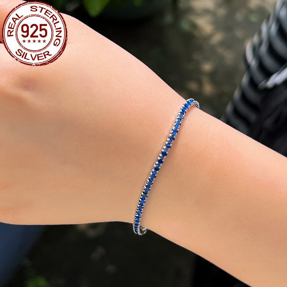 Royal Blue Round Cubic Zircon 925 Sterling Silver Tennis Bracelet for Women Gift