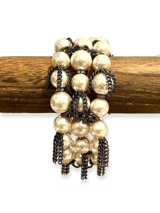 Chico’s Gunmetal Chain Pearl Statement Bracelet NWOT