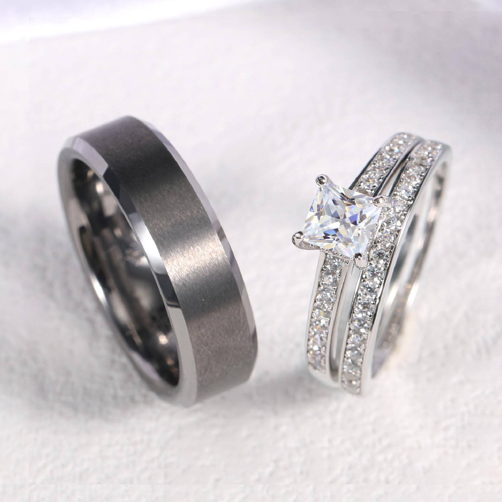 Promise Rings for Couple – Princess Cut Fake Engagement Ring Set & Men’s Tung…