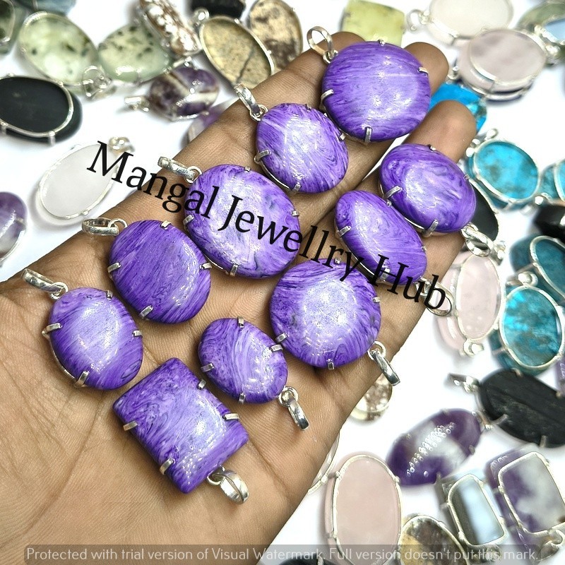Trendy Charoite Gemstone Prong Pendants 925 Sterling Silver Plated Lot Jewellery