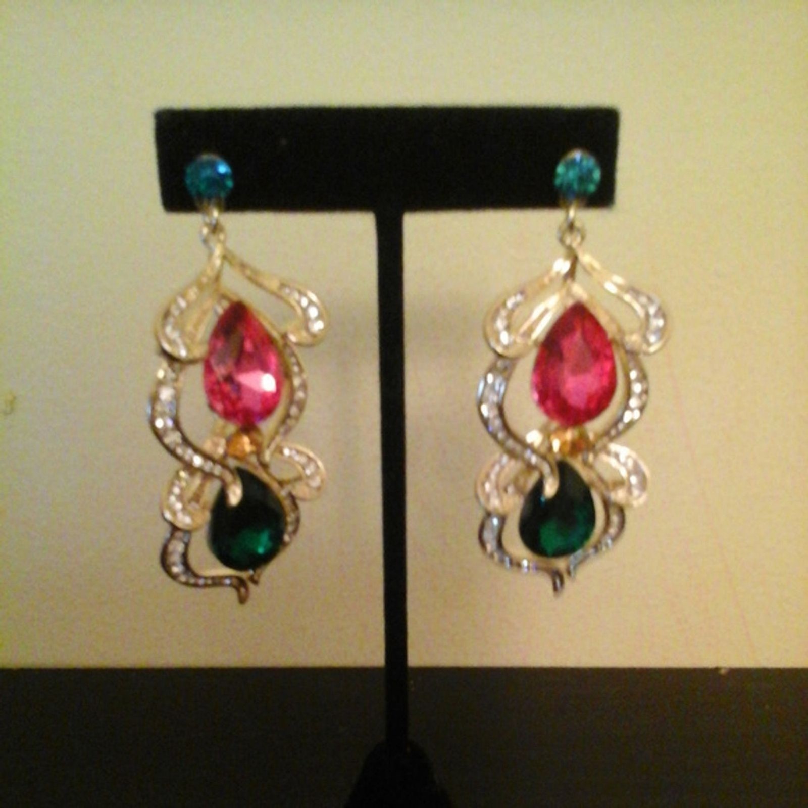 Gold Plated Pink & Green Wedding Prom Evening Glass Gemstone Earrings NEW