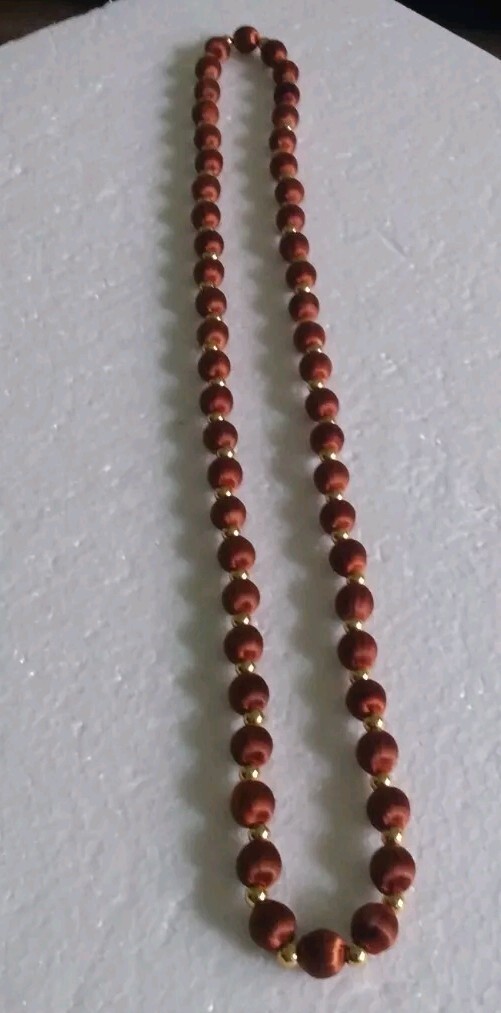 3 Necklaces Made W/ Silk Satin Thread Over Round Beads 28″ In Teal, Navy & Brown