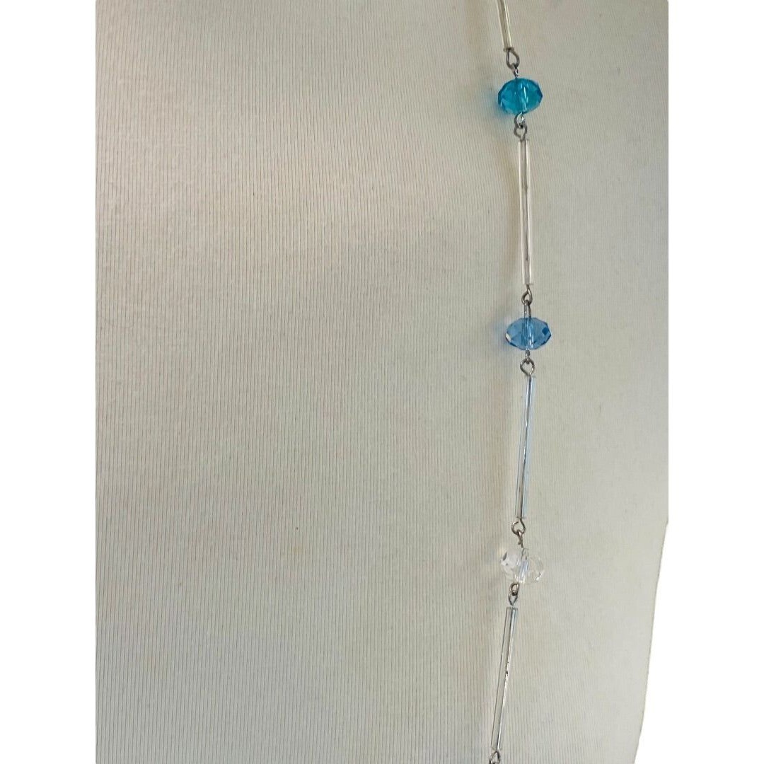 Silvertone Blue Aqua Beaded Overhead 36″ Strand String Necklace