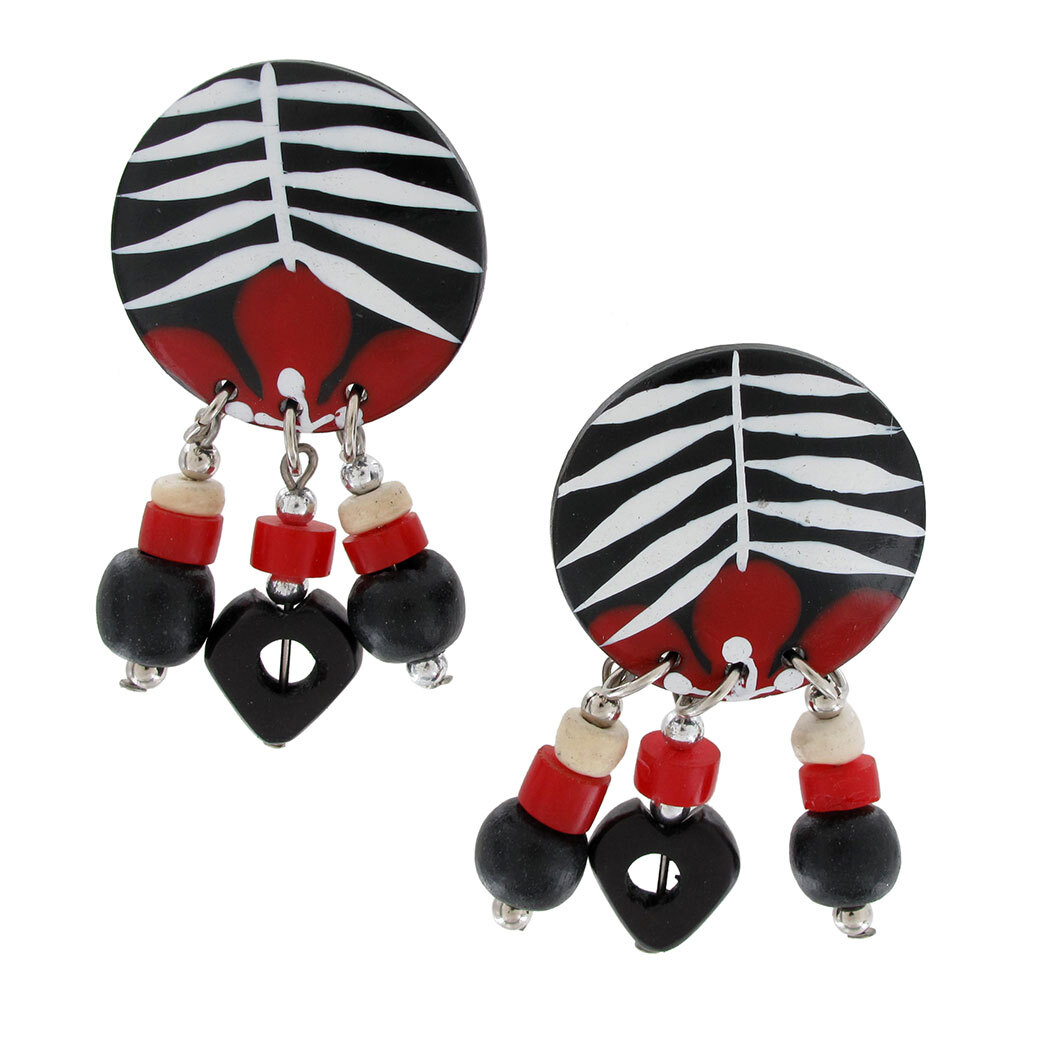 Pierced Earrings Wood Beaded Black Red White Flower Tribal Round Chandelier 2″