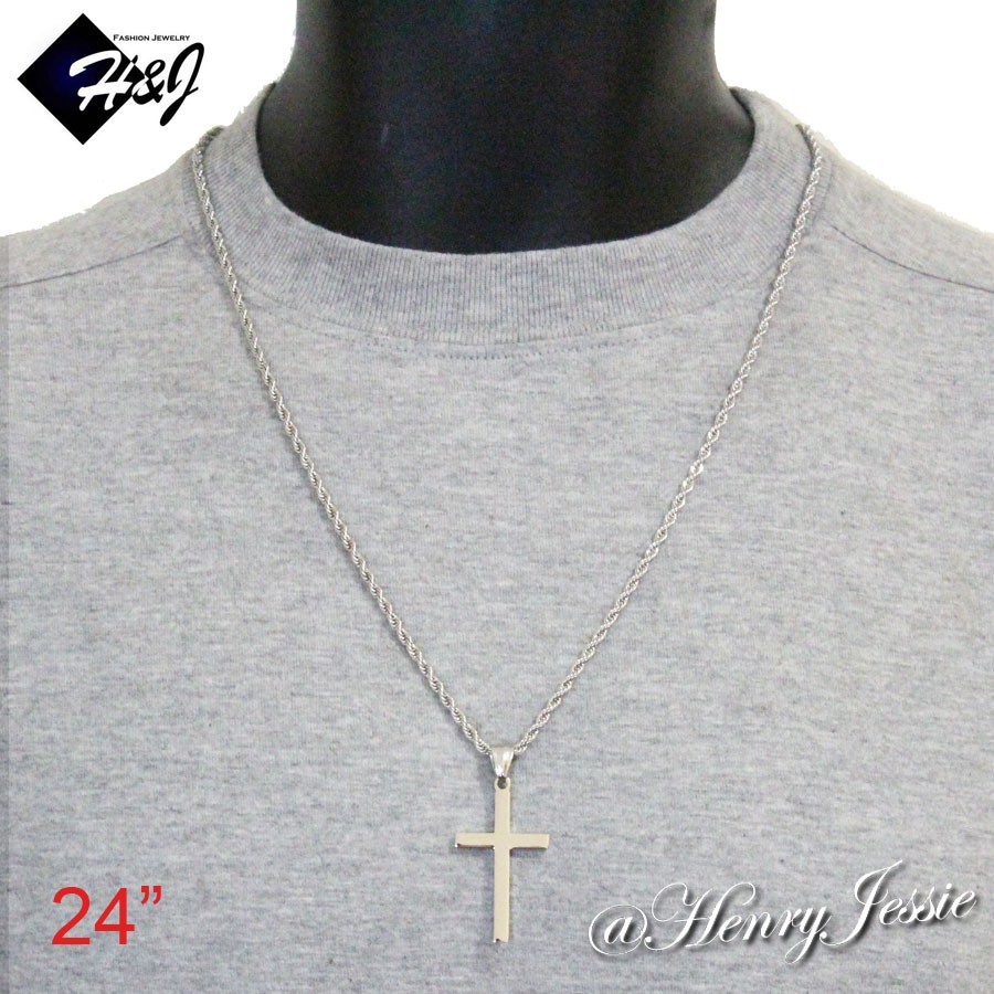 20″24″30″Stainless Steel 2.5mm Silver Smooth Rope Chain Necklace Cross Pendant*P