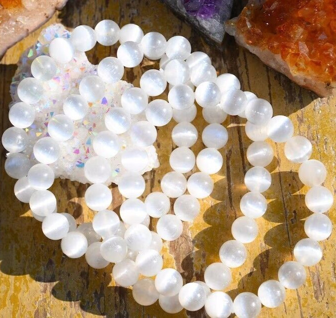 2 pieces Selenite 8mm Beaded Healing Reiki Balance Chakra Stress Relief Bracelet
