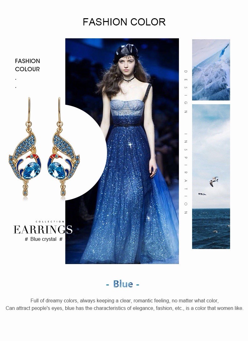 Gold Tone Blue Simulated Crystal Teardrop Dangle Earrings French Wire E0953