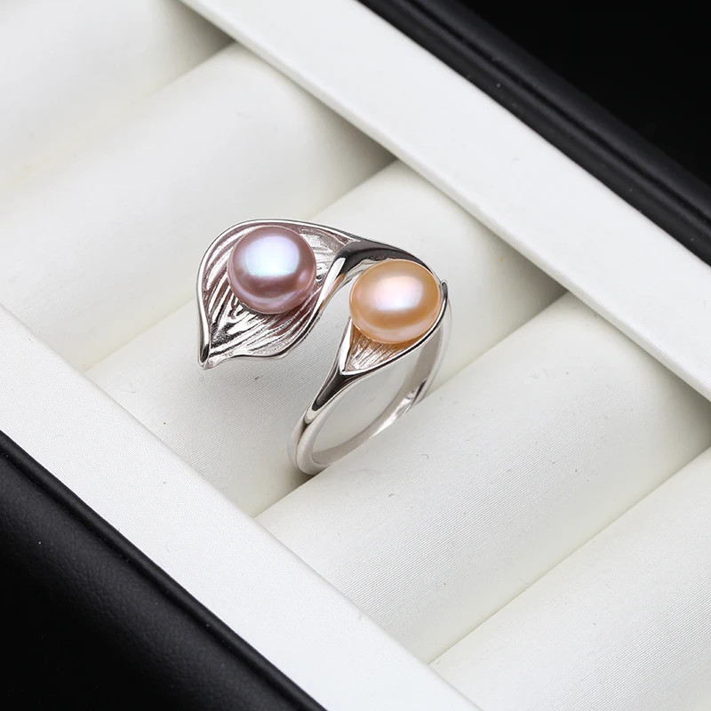925 Sterling Silver Ring Freshwater Pearl Adjustable Double Band Jewelry