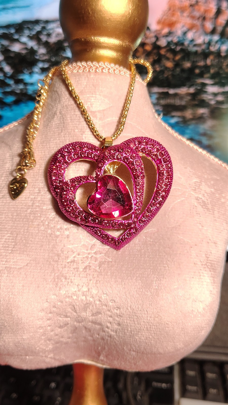 Betsey Johnson Fuscia Pink Rhinestone Triple Heart Necklace