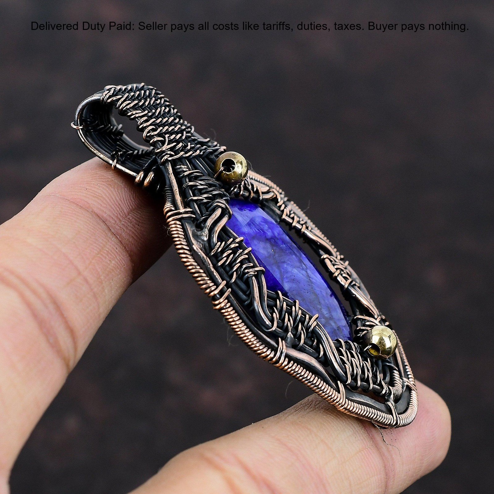 Oval Blue Saphire Gemstone Wedding Wire Wrapped Wife Boho Pendant Jewelry Copper