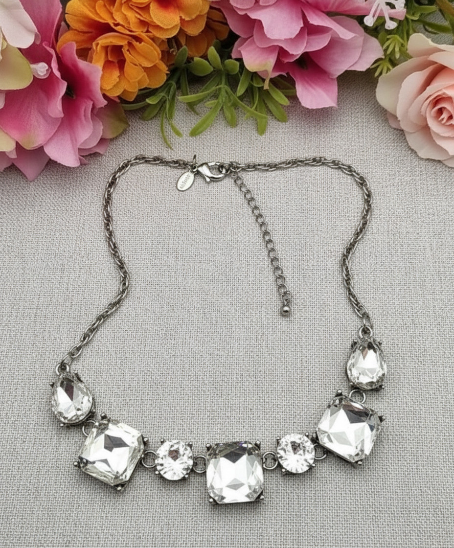 Express Silver Tone Clear Crystal Bib Necklace, Square Teardrop Statement 19 in