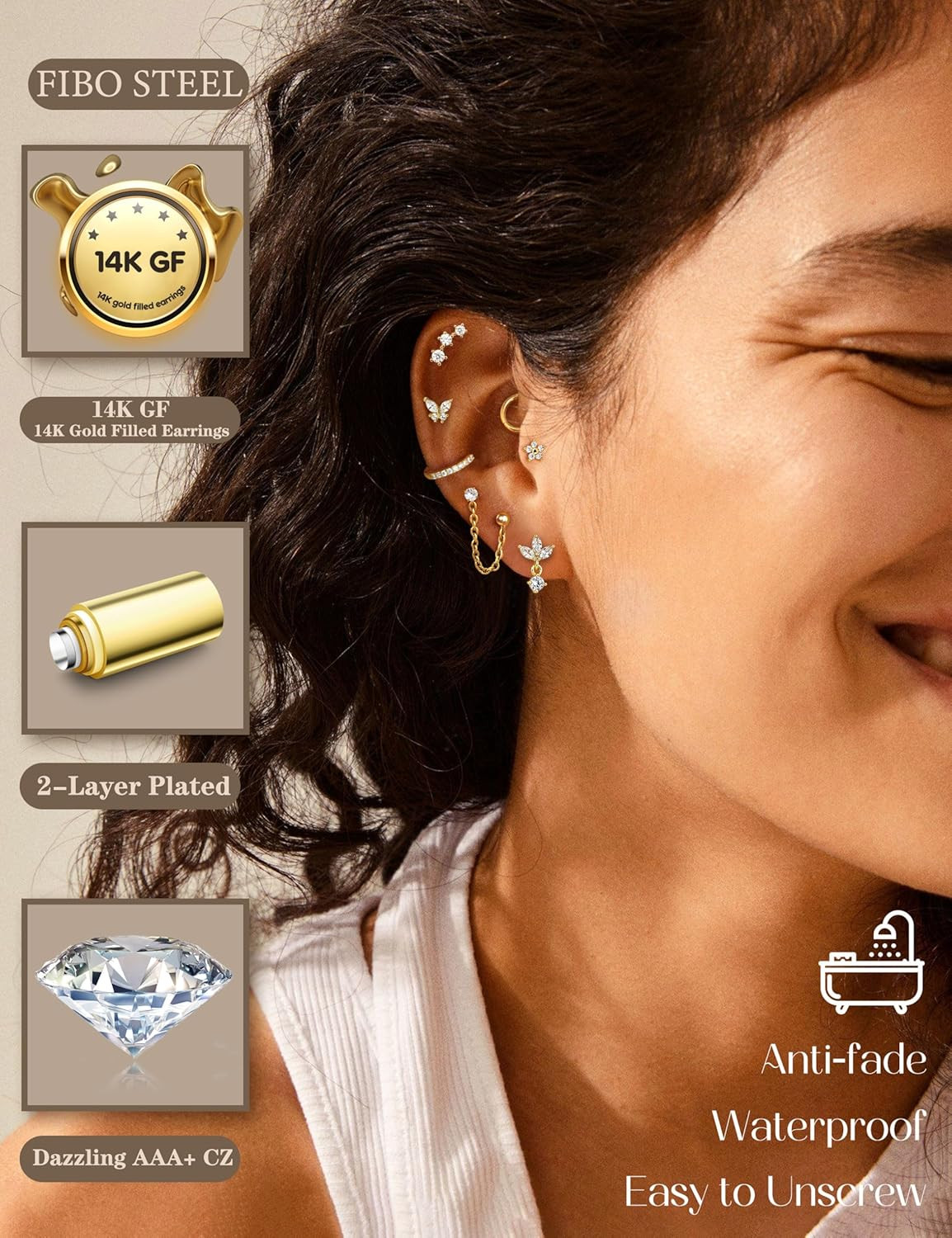 Cartilage Earrings for Women – 14K Gold Plated Flat Back Helix Conch Tragus Pier