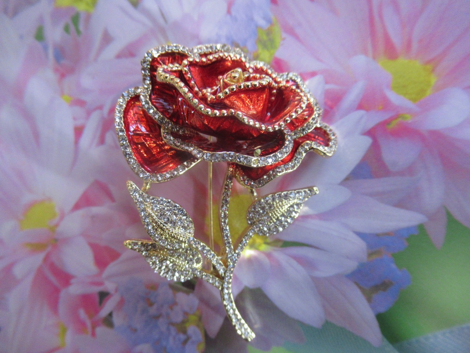 2.50″ DESIGNER STYLE BEAUTIFUL LAYERED RED ROSE CRYSTAL ENAMEL BROOCH NEW