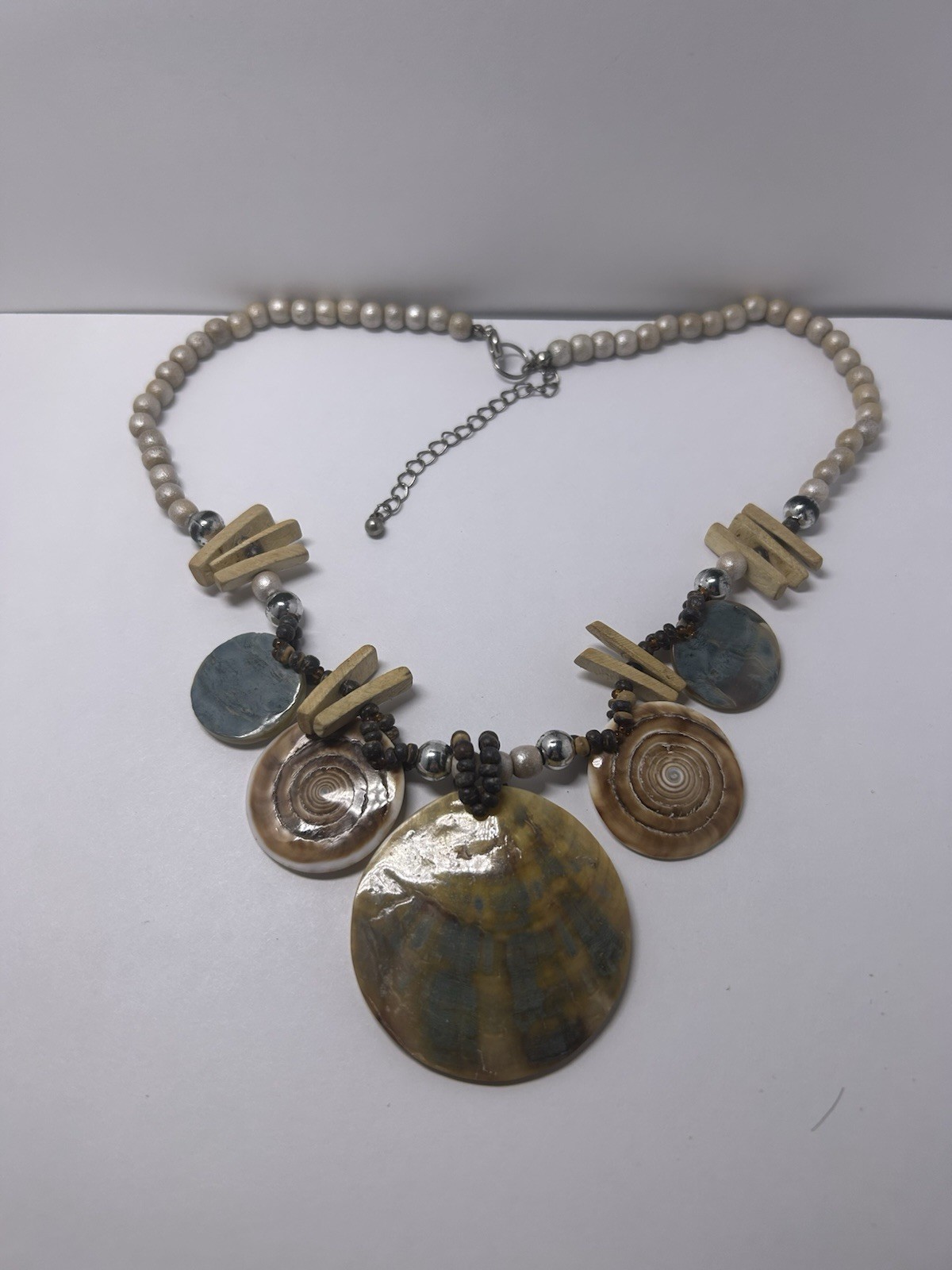 Beaded Shell Statement Pendant Necklace Multicolor Adjustable Boho Nautical