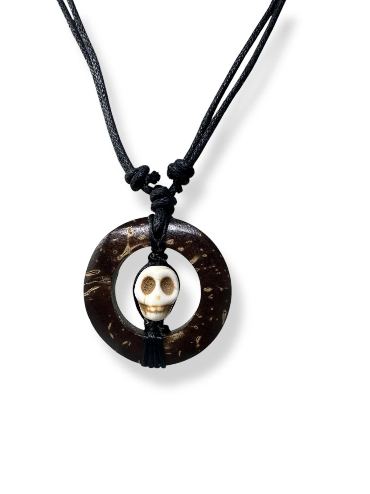 Handcrafted Coconut Shell Skull Necklace Howlite Pendant Adjustable Cord Unisex
