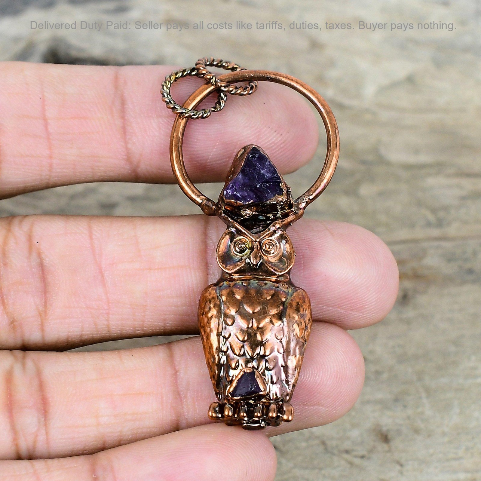 African Amethyst Rough Gemstone Copper Art Deco Electroformed And Owl Pendant