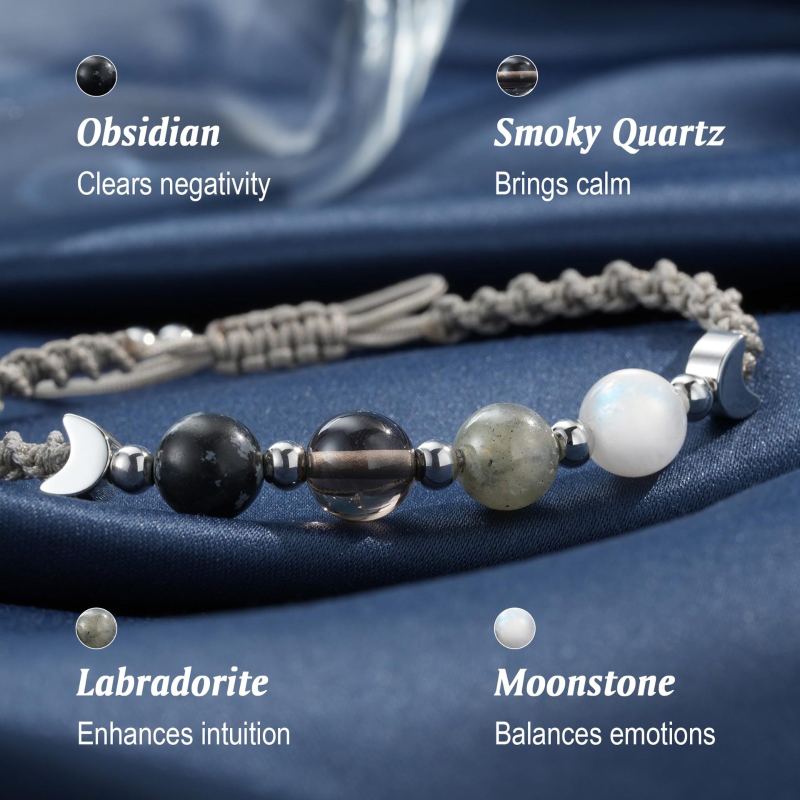 Moon Phase Crystal Bracelet Smoky Quartz Labradorite Obsidian Braided Rope Gift