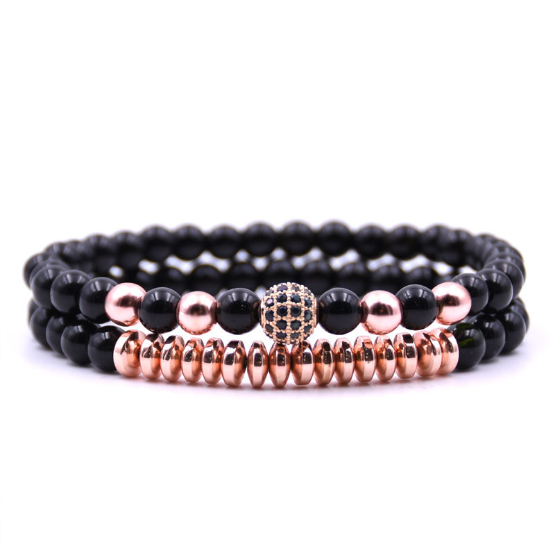Couple Bracelets Micro Pave Zircon 6mm Bright Black Gemstone Beads Bracelets Set