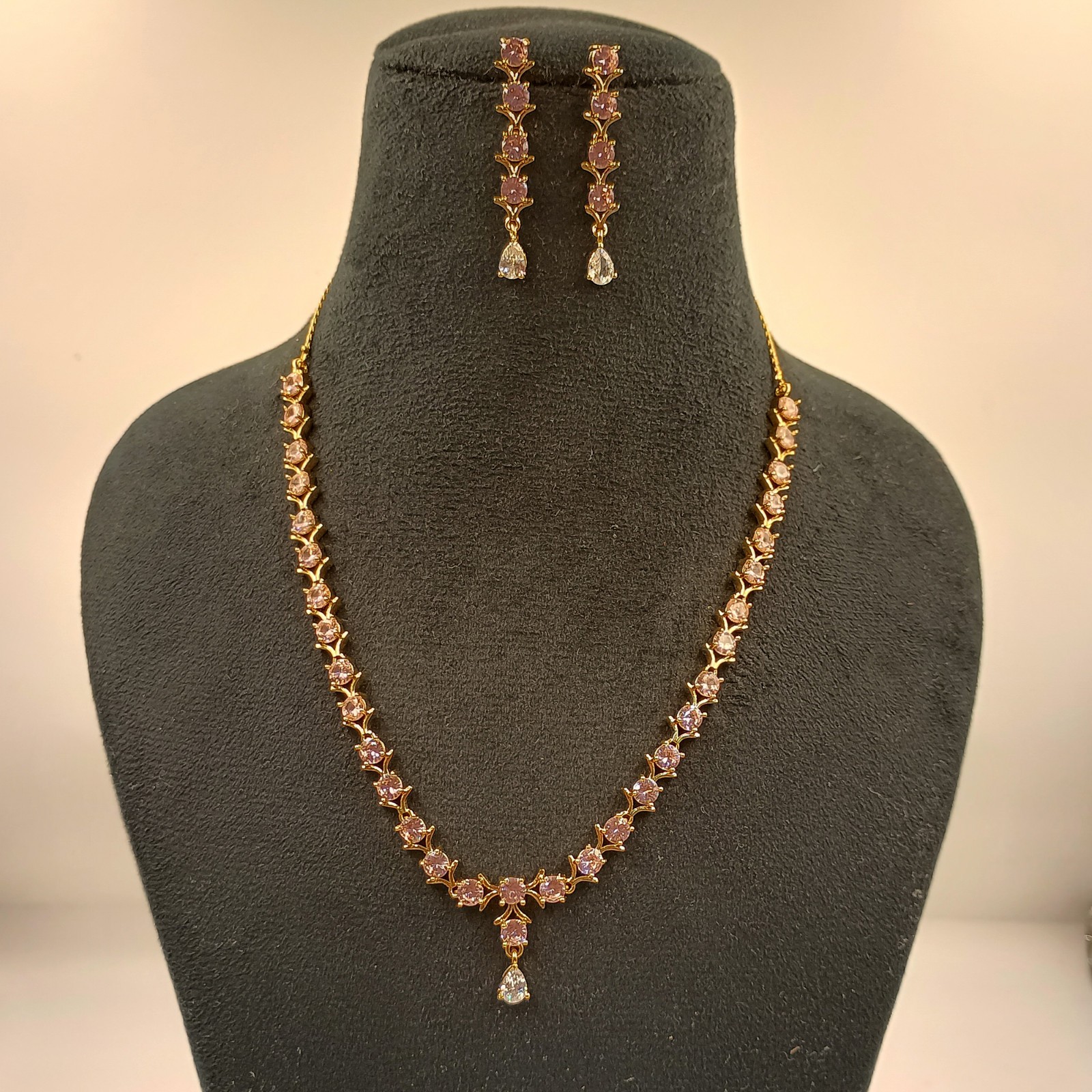 22K Gold Plated Pink Morganite Choker Set Handmade Round Crystal Party Necklace
