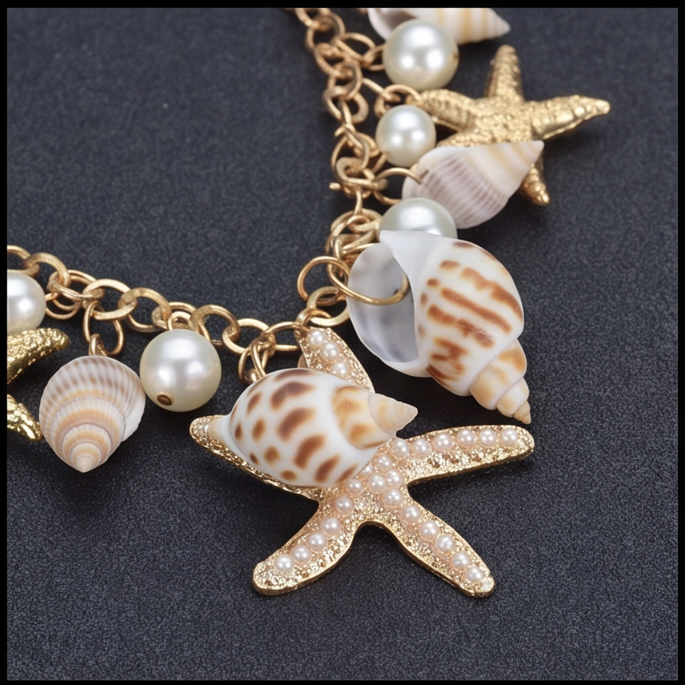 Seashell Starfish Charm Bracelet Gold Tone Summer Beach Jewelry Unisex Gift