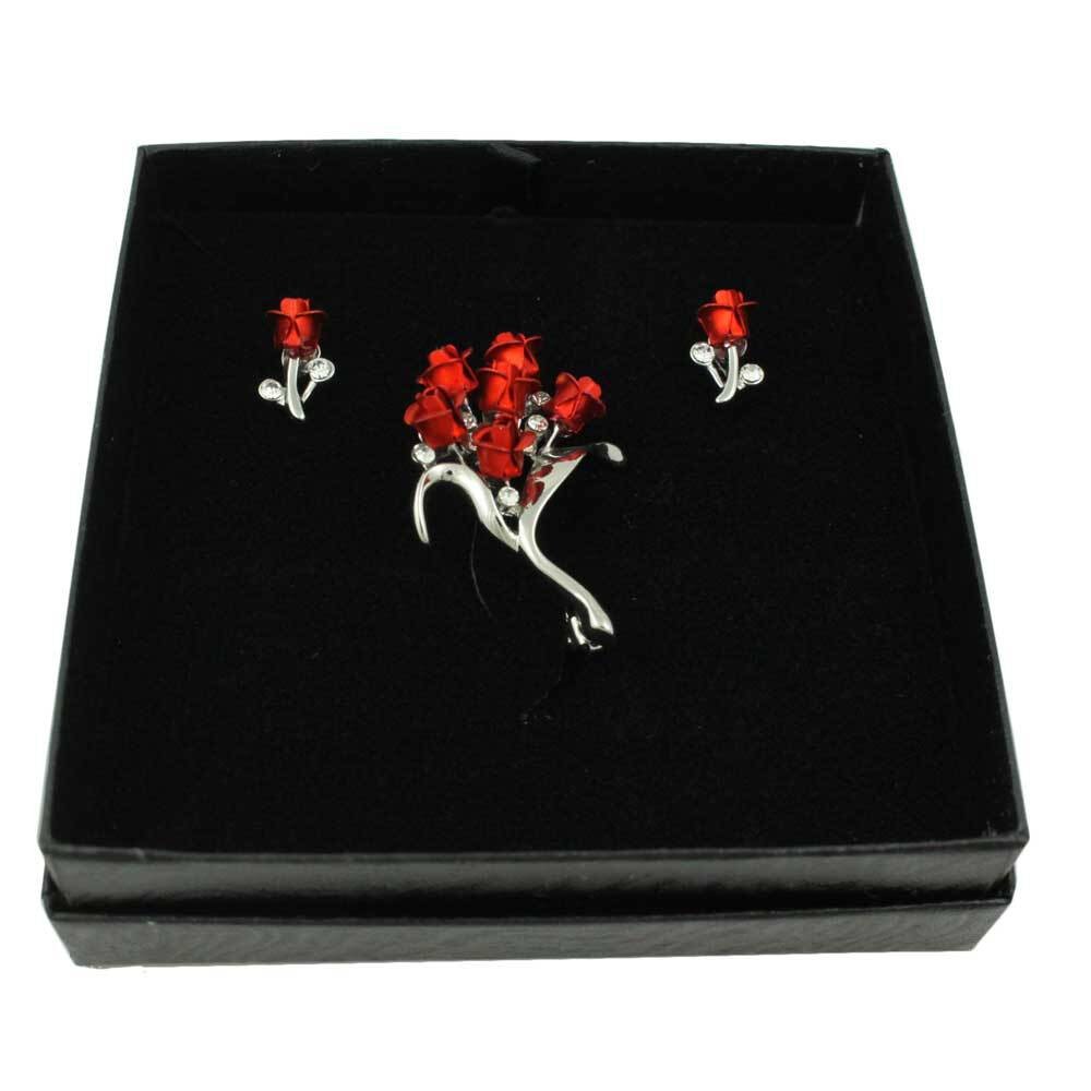 Bouquet of Red Roses Brooch Pin and Rose Earring Set – PRL105SBS
