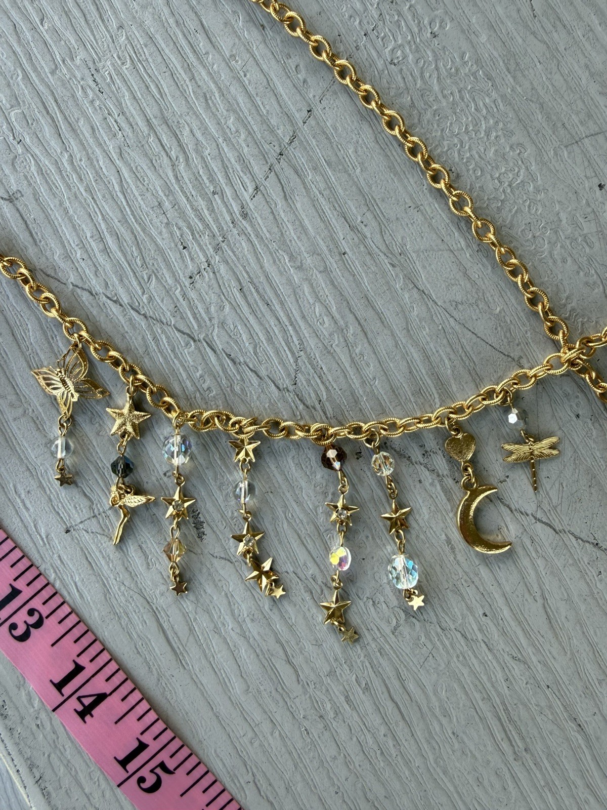 Retired Kirks Folly Celestial Necklace Gold Tone AB Crystals Fairy Moon Stars